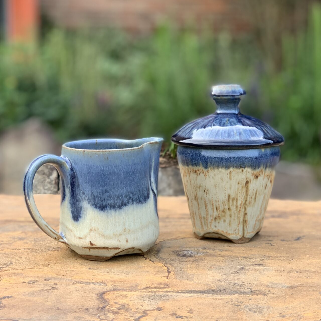 Julia Mann finished pots, creamer and sugar jar set, mama and blue texture glaze