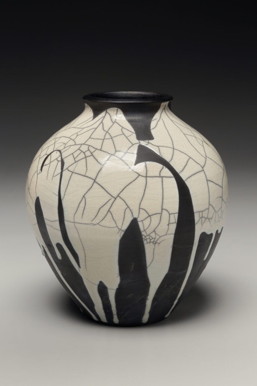 Judi Harwood finished pot, raku crackle glaze