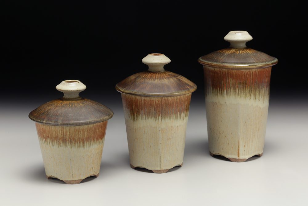 Julia Mann finished pot jar grouping trio, mamo and tea dust glaze