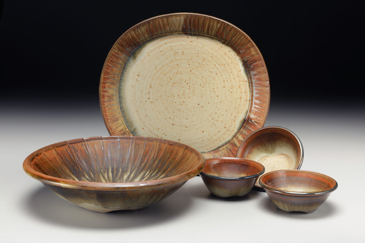 Julia Mann finished pots grouping, dinnerware set, serving bowl, platter, cereal bowls, mamo and tea dust glaze