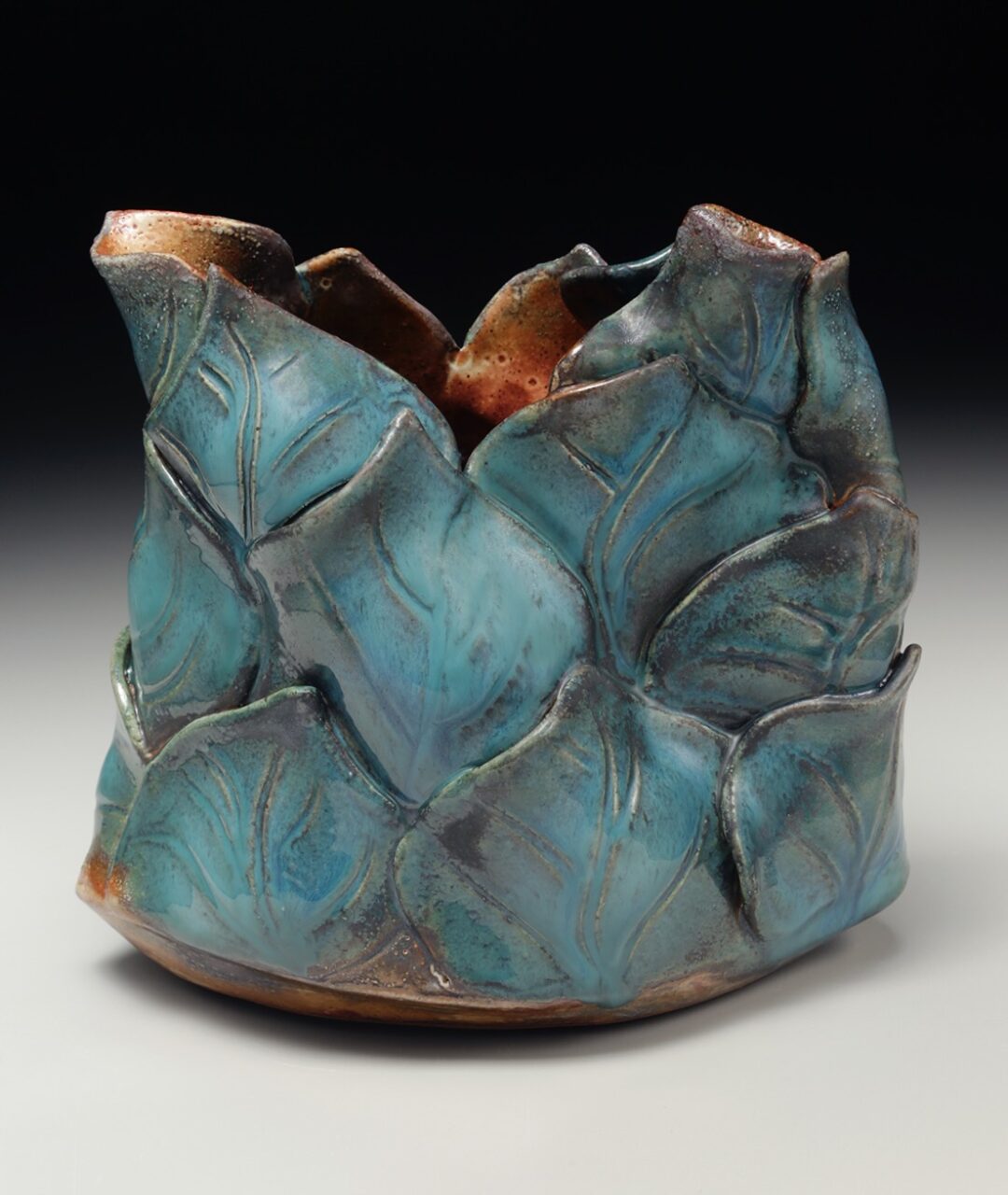 Sarah Wells Rolland finished pot, soft slab hand built, shino and leitson oribe glaze