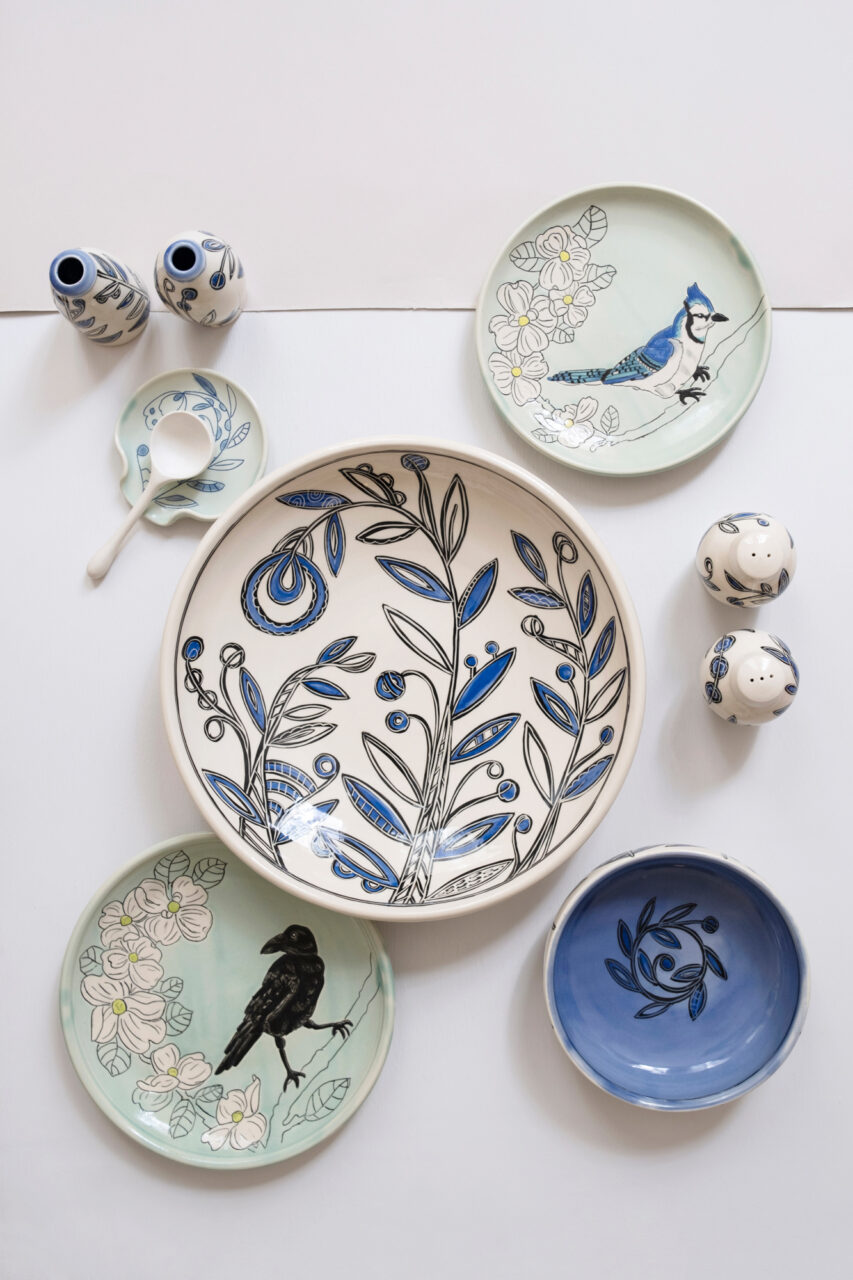 Maria Andrade Troya finished pot grouping, blue vines and birds, vertical, Photo by Nicole McConville (www.nicolemcconville.com)