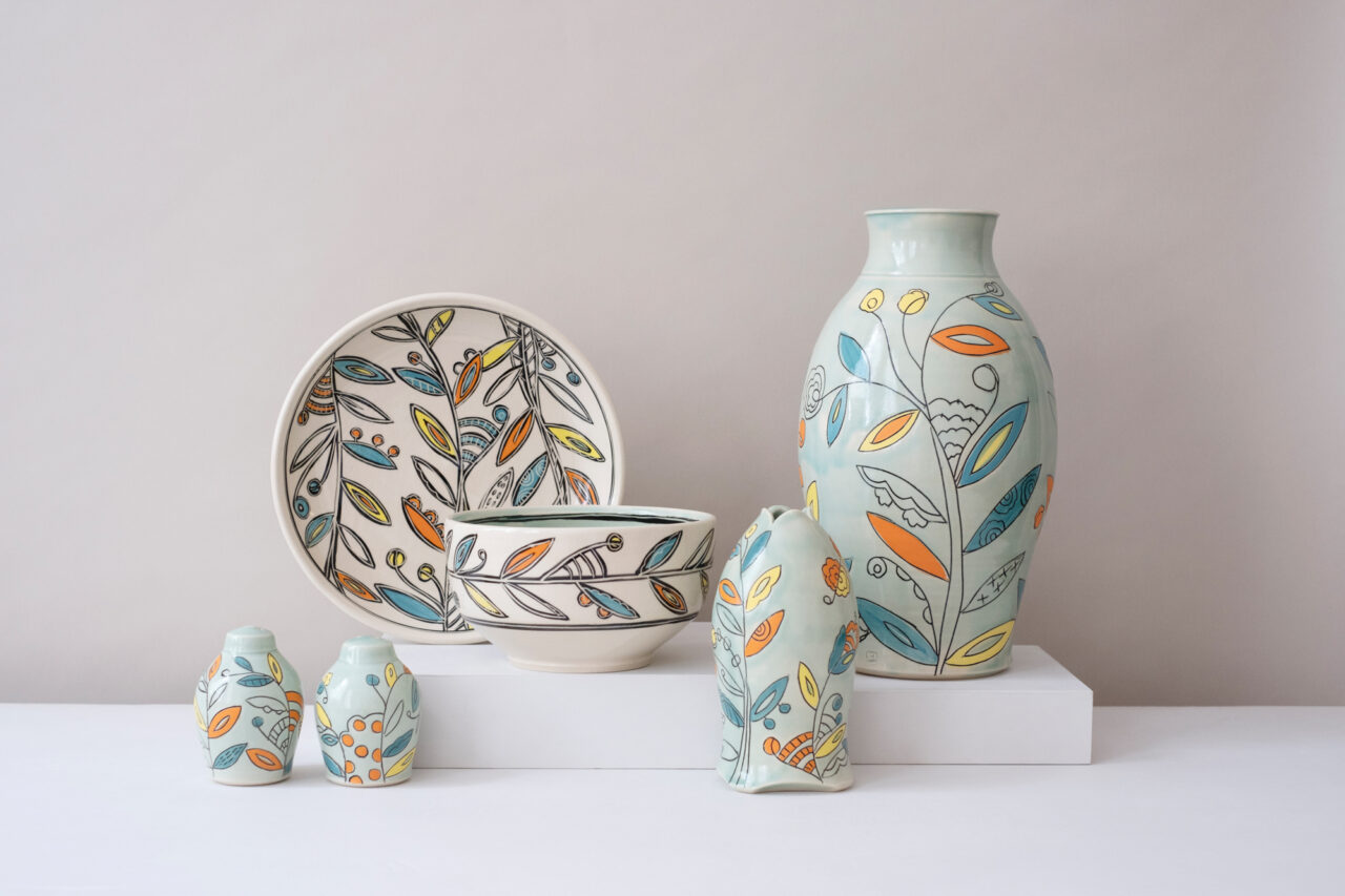 Maria Andrade Troya finished pot grouping, colorful vines, Photo by Nicole McConville (www.nicolemcconville.com)