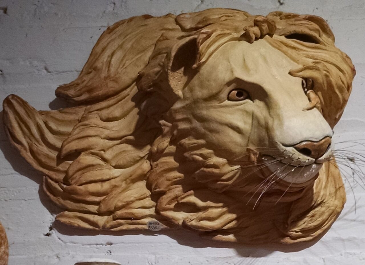Judi Harwood finished lion's head bust sculpture, wall mounted