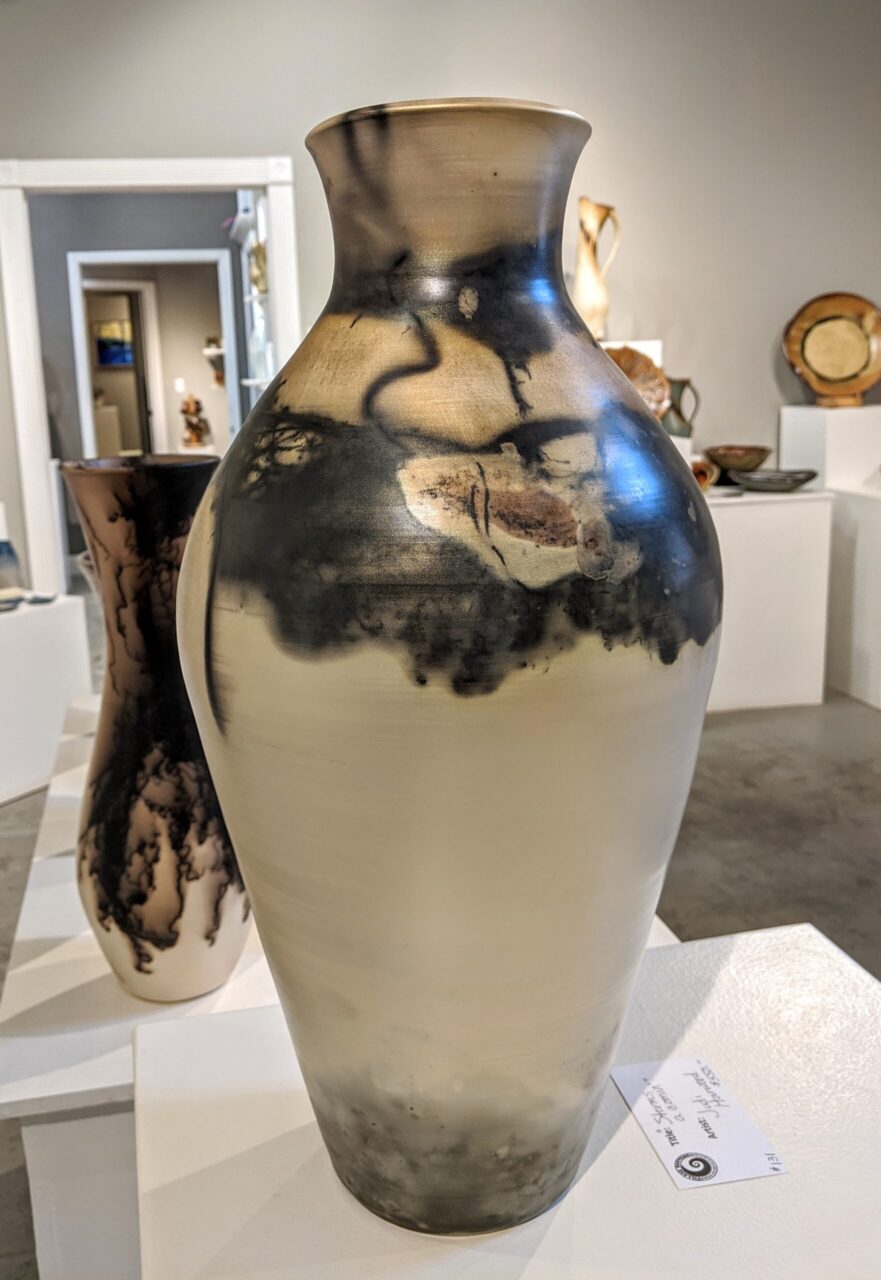 Judi Harwood finished saggar vessel in gallery, 2