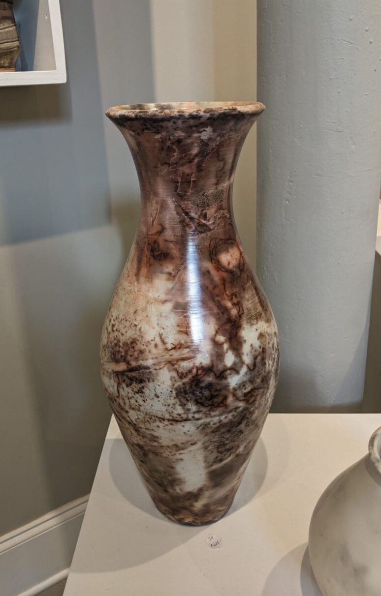Judi Harwood finished saggar vessel in gallery